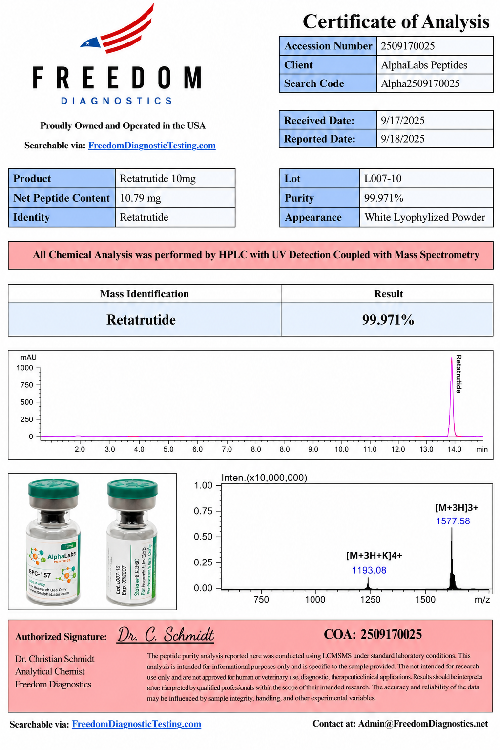 Freedom Diagnostics Certificate of Analysis for Retatrutide